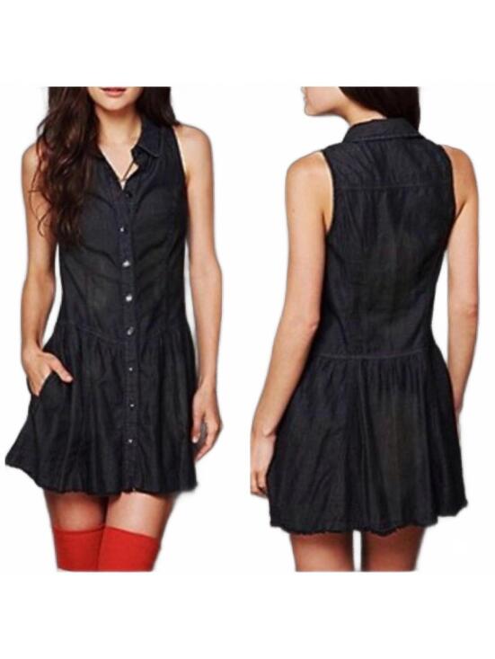 Free People Dresses & Skirts - Free People Black Wash Denim Distressed Mini Sleeveless Button Up Dress Medium